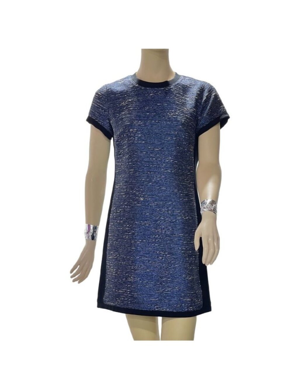 Madewell Blue Metallic Tweed Shift Dress Size 6 Short Sleeve Crew Neck Polyester